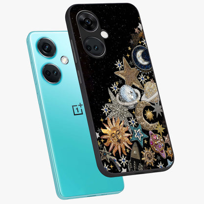 Cosmic Sparkle Dreams Glass Case for 1+Nord Ce 3 angled mockup showcasing glossy finish and vibrant celestial glow