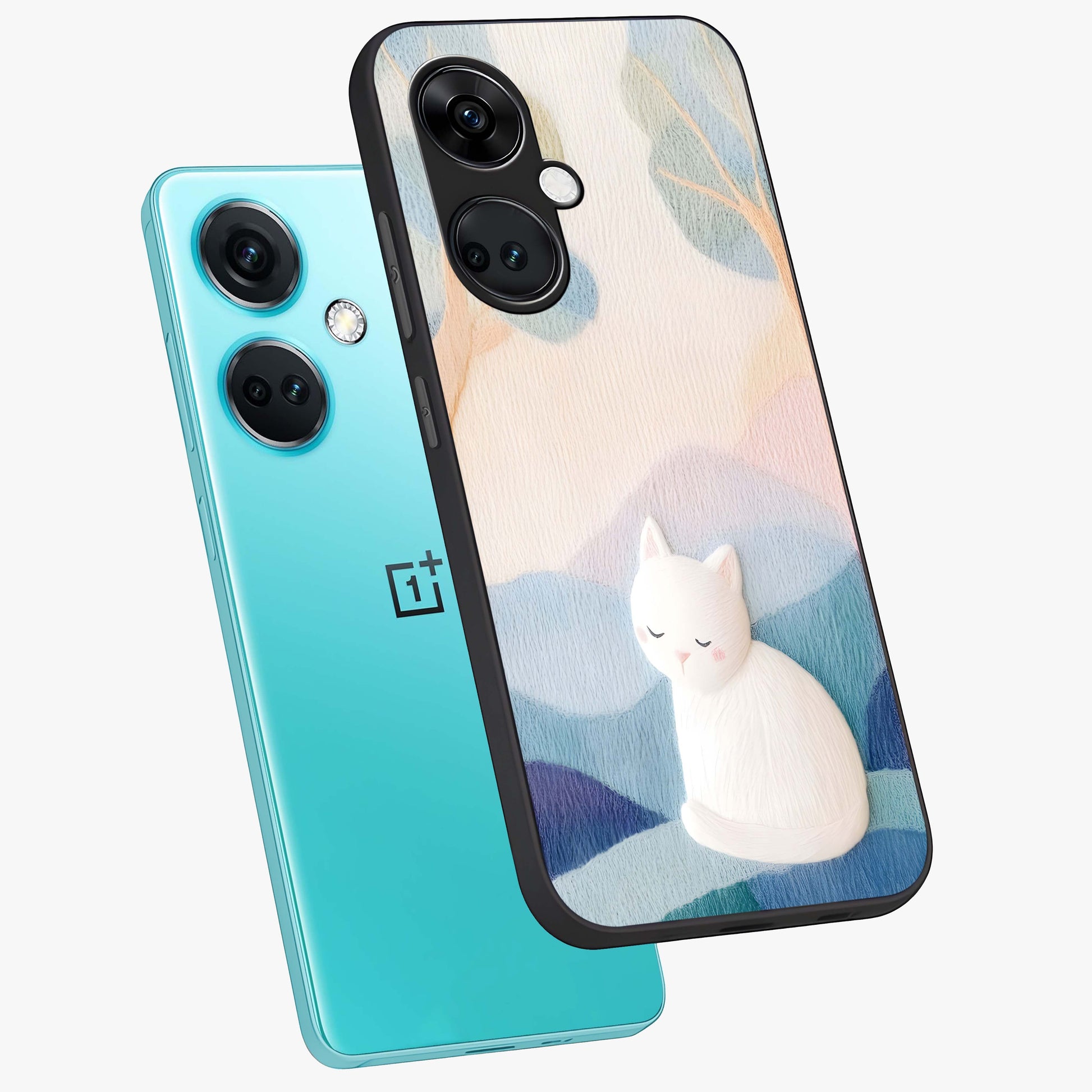 Cotton Dream Cat Glass Case for 1+Nord CE 3 angled mockup showcasing glossy glass finish and cozy aesthetic design