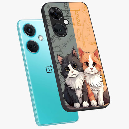 Cozy Cat Duo Glass Case for 1+Nord CE 3 angled mockup showcasing glossy finish and charming pastel tones
