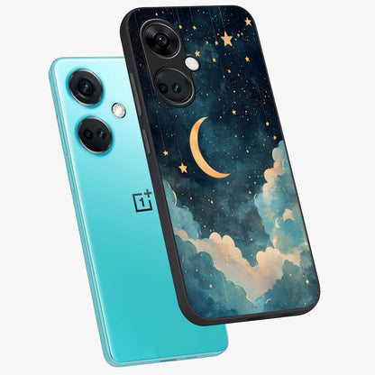 Crescent Galaxy Moon Glass Case for 1+Nord CE 3 angled mockup showcasing glossy finish and glowing galaxy tones