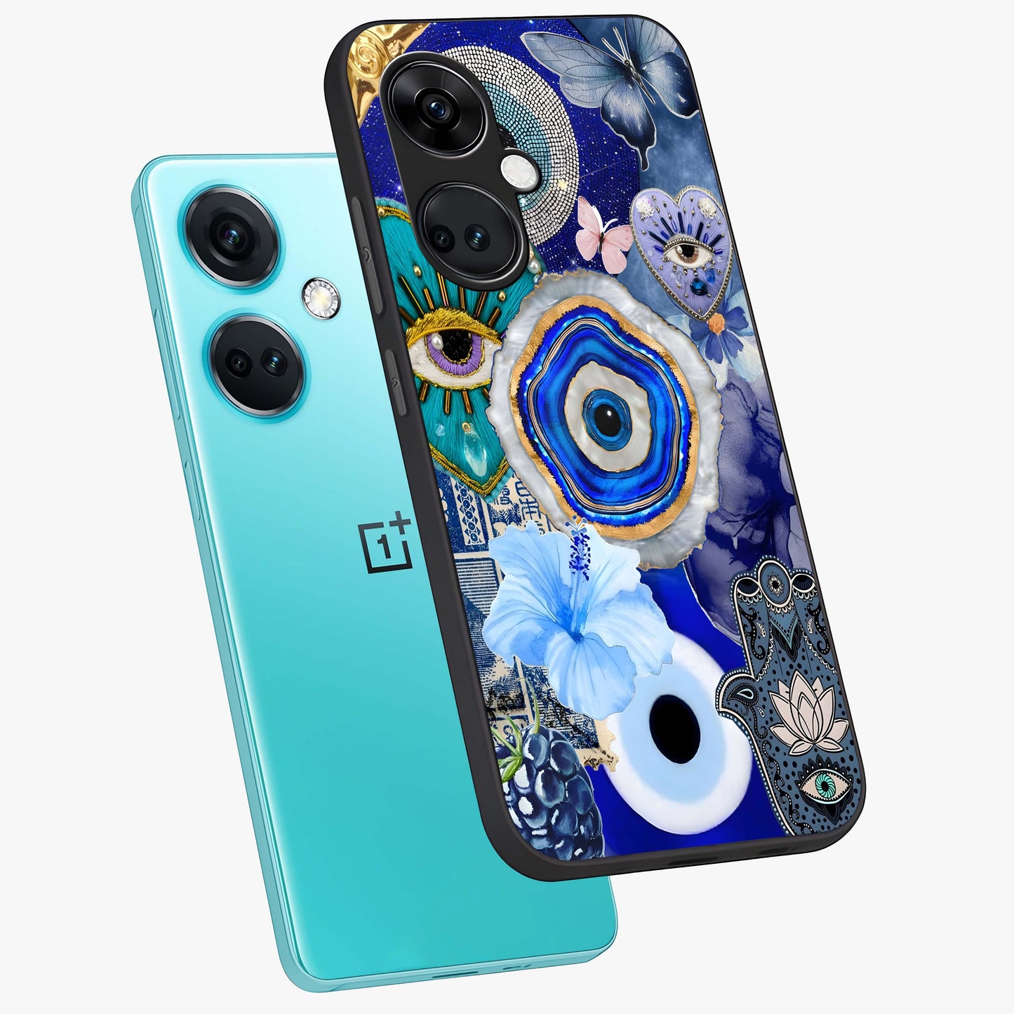 Crimson Evil Eye Charm Glass Case for 1+Nord Ce 3 angled mockup showcasing glossy finish and vibrant symbolic detailing