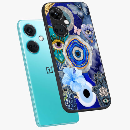 Crimson Evil Eye Charm Glass Case for 1+Nord Ce 3 angled mockup showcasing glossy finish and vibrant symbolic detailing