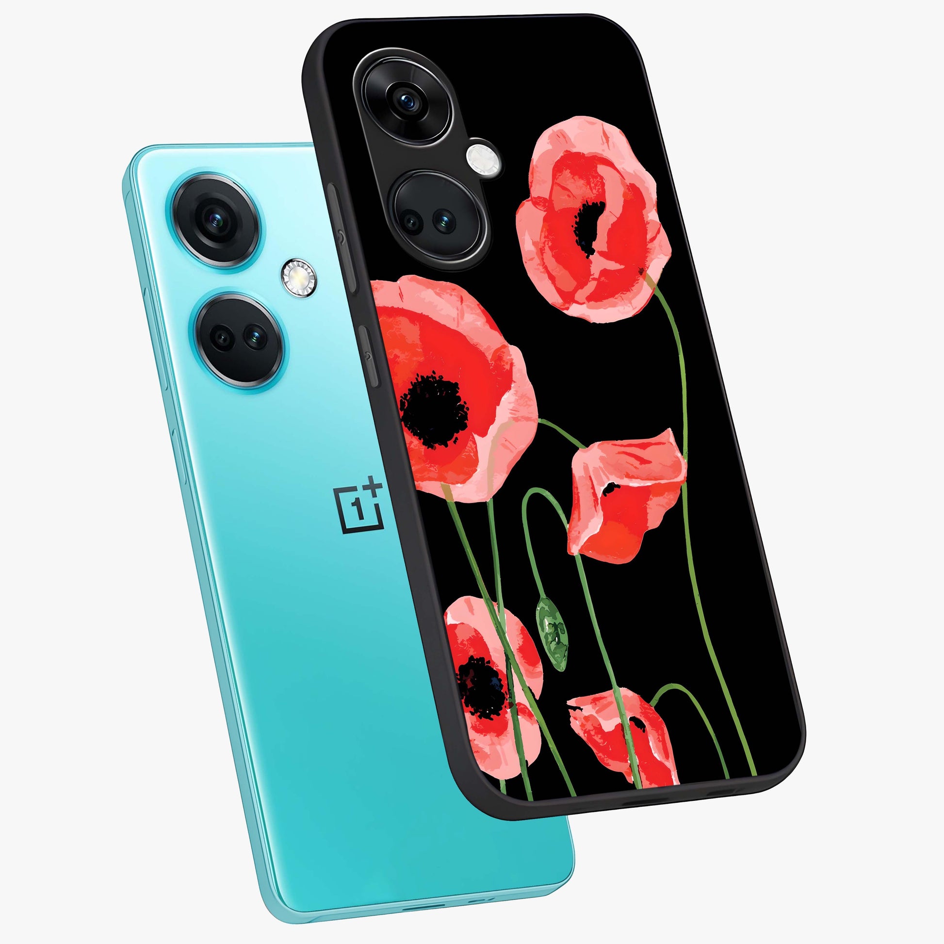 Crimson Garden Dream Glass Case for 1+Nord Ce 3 angled mockup showcasing glossy finish and vibrant bloom detailing