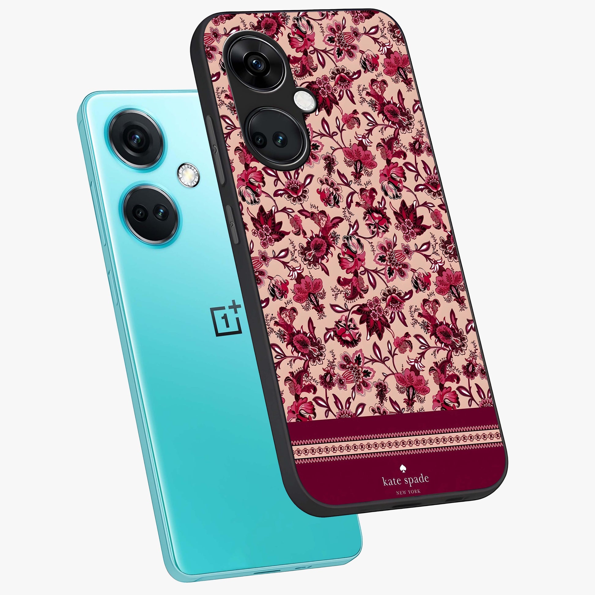Crimson Rose Charm Glass Case for 1+Nord CE 3 angled mockup showcasing glossy finish and romantic floral detailing