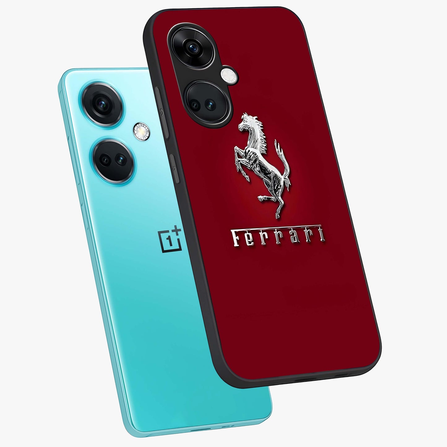 Crimson Stallion Prestige Glass Case for 1+Nord Ce 3 angled mockup showcasing glossy finish and bold equestrian detailing