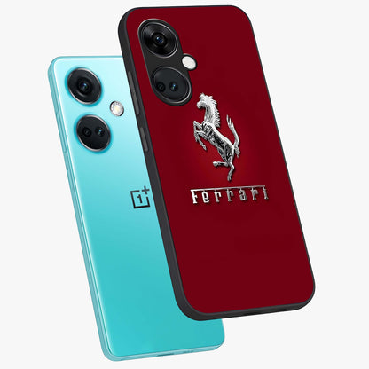 Crimson Stallion Prestige Glass Case for 1+Nord Ce 3 angled mockup showcasing glossy finish and bold equestrian detailing