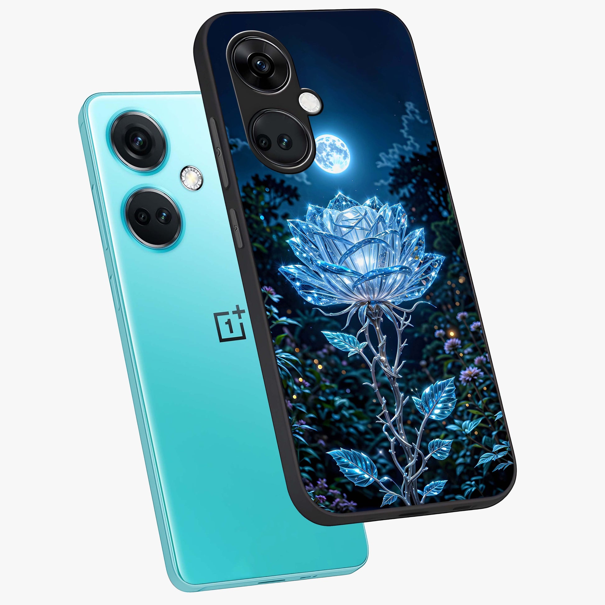 Crystal Moon Lotus Glass Case for 1+Nord CE 3 angled mockup showcasing glossy glass finish and luminous floral detailing