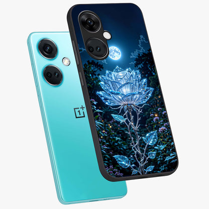 Crystal Moon Lotus Glass Case for 1+Nord CE 3 angled mockup showcasing glossy glass finish and luminous floral detailing