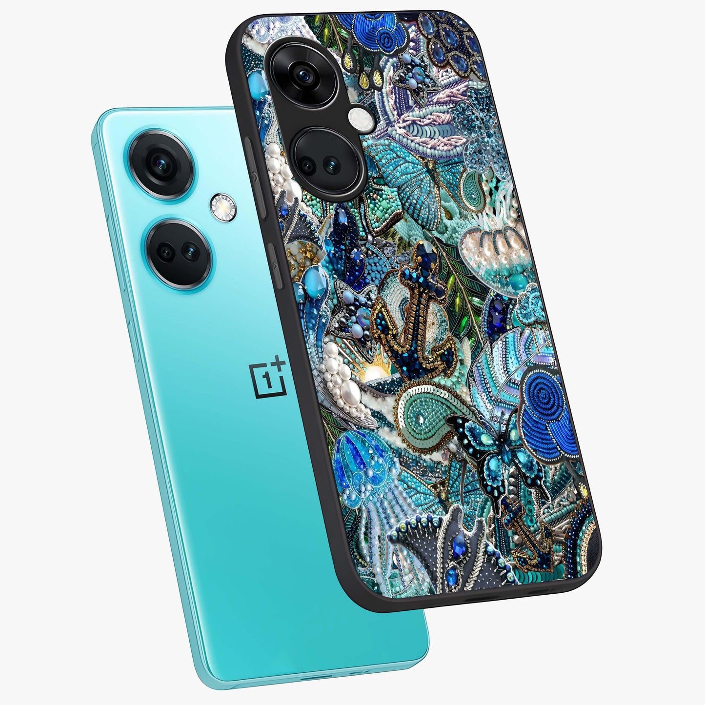 Crystal Ocean Magic Glass Case for 1+Nord CE 3 angled mockup showcasing glossy finish and flowing aqua tones
