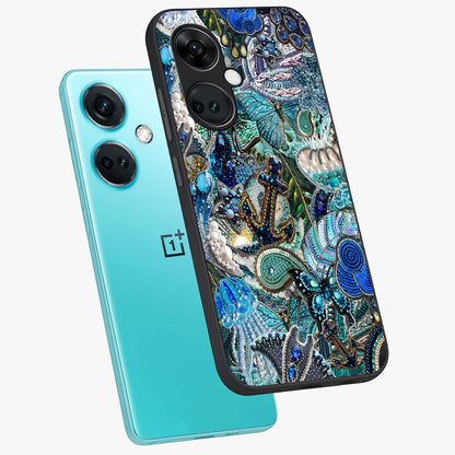 Crystal Ocean Magic Glass Case for 1+Nord CE 3 angled mockup showcasing glossy finish and flowing aqua tones