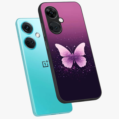 Cute Starry Butterfly Glass Case for 1+Nord CE 3 angled mockup showcasing glossy finish and celestial pastel tones