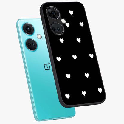 Cute Simple White Hearts Glass Case for 1+Nord Ce 3 angled mockup showcasing glossy finish and bold shadow detailing