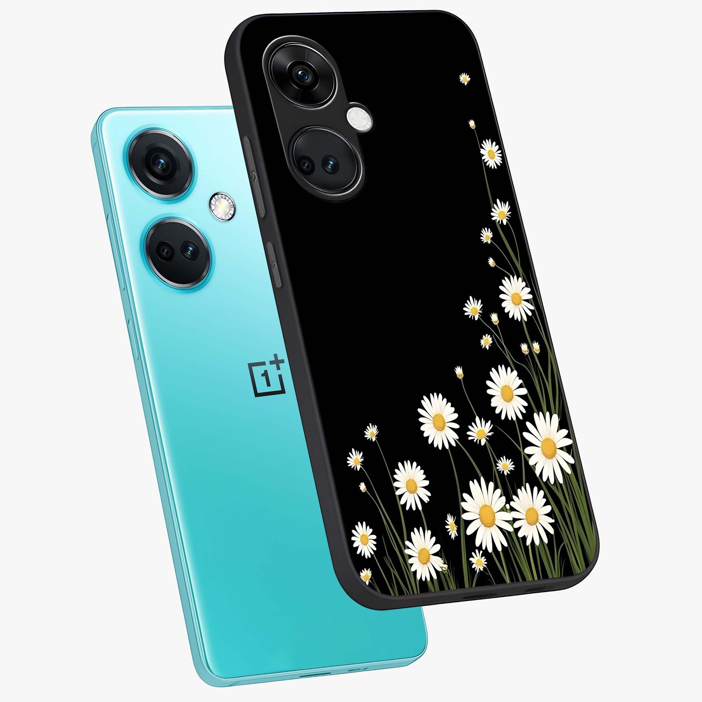Daisy Cascade on Black Glass Case for 1+Nord CE 3 angled mockup showcasing glossy finish and bold floral contrast