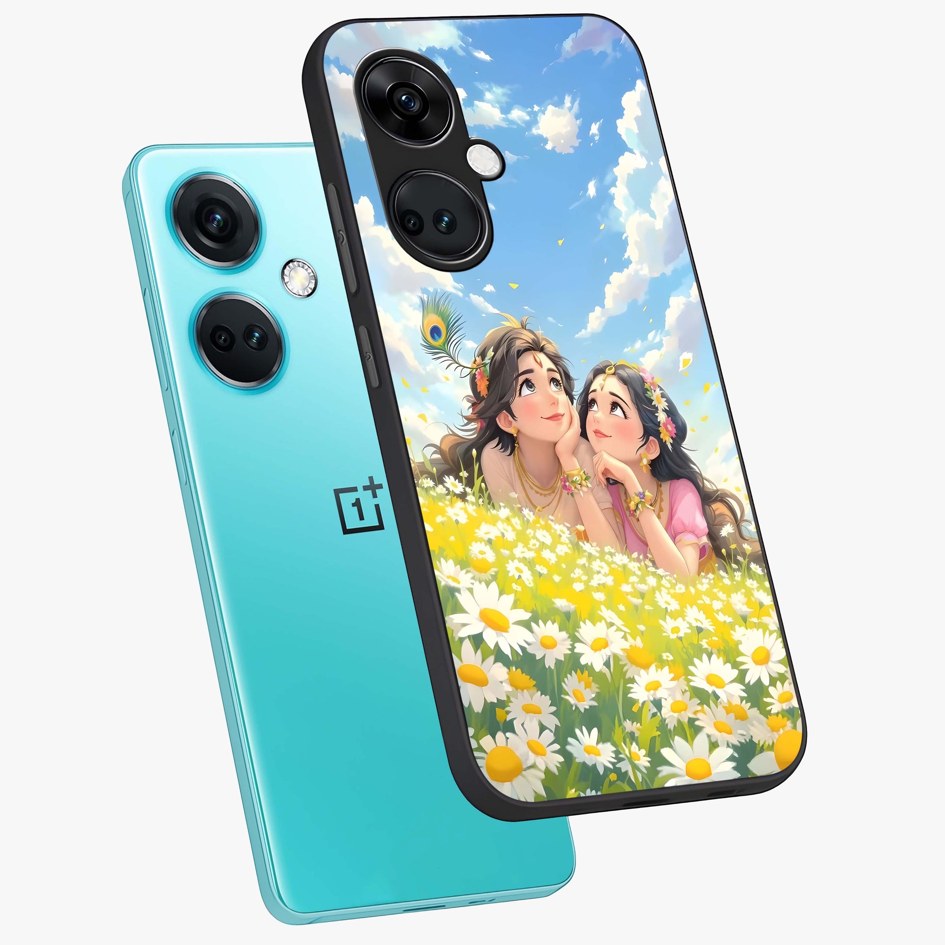 Daisy Daydream Love Glass Case for 1+Nord CE 3 angled mockup showcasing glossy finish and pastel bloom tones
