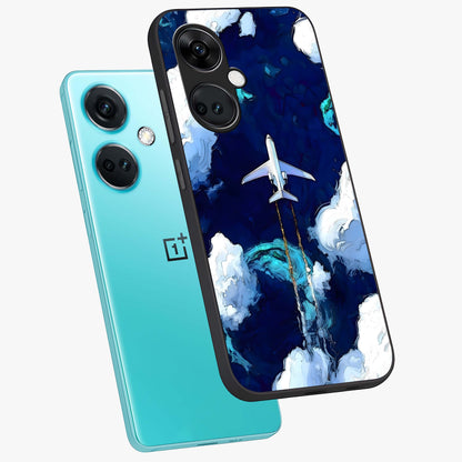 Dark Airplane Glass Case for 1+Nord CE 3 angled mockup showcasing glossy finish and dramatic sky tones