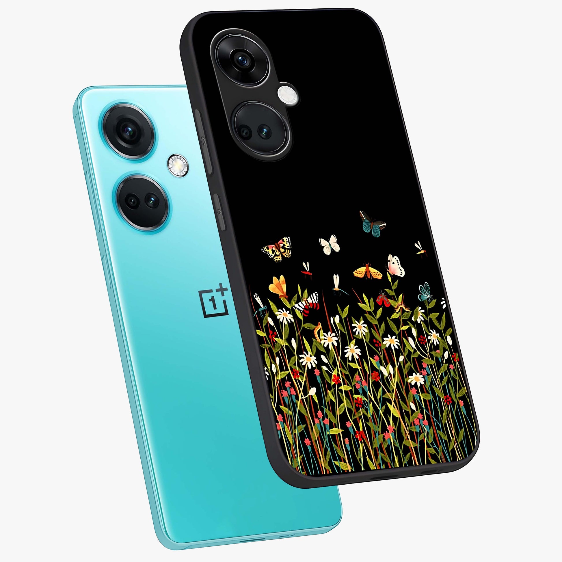 Dark Bloom Wonderland Custom Name Glass Case for 1+Nord Ce 3 angled mockup showcasing glossy finish and rich bloom textures