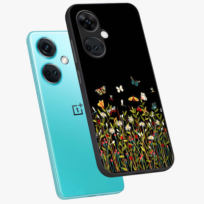 Dark Bloom Wonderland Custom Name Glass Case for 1+Nord Ce 3 angled mockup showcasing glossy finish and rich bloom textures