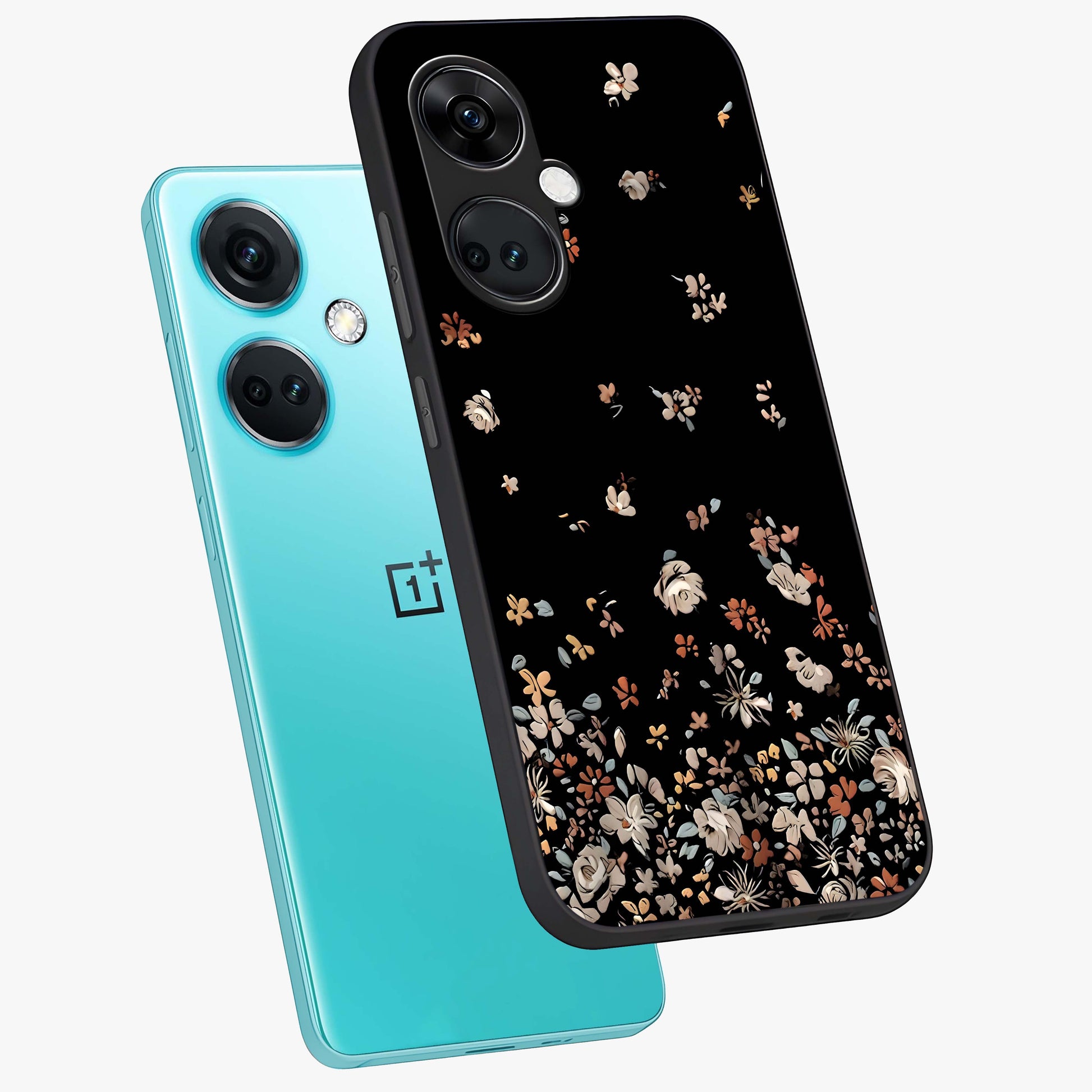 Dark Petal Aesthetic Glass Case for 1+Nord Ce 3 angled mockup showcasing glossy finish and dramatic petal detailing