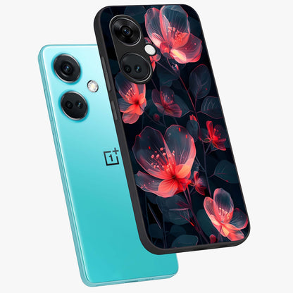 Dark Shade of Flower Glass Case for 1+Nord Ce 3 angled mockup showcasing glossy finish and bold contrast detailing