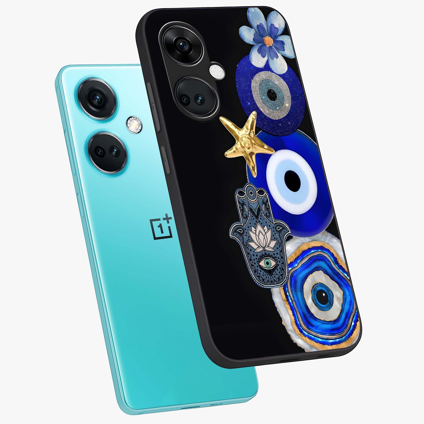 Divine Eye Bloom Glass Case for 1+Nord CE 3 angled mockup showcasing glossy finish and vibrant protective detailing