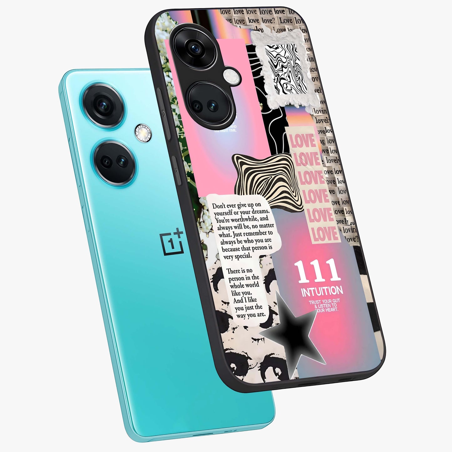 Divine Love Vibes Glass Case for 1+Nord CE 3 angled mockup showcasing glossy finish and warm aesthetic tones