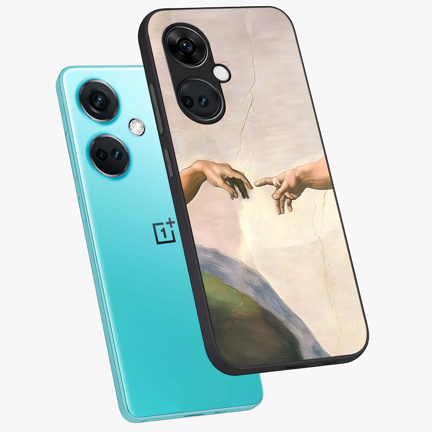 Divine Touch Art Glass Case for 1+Nord CE 3 angled mockup showcasing glossy finish and refined design textures