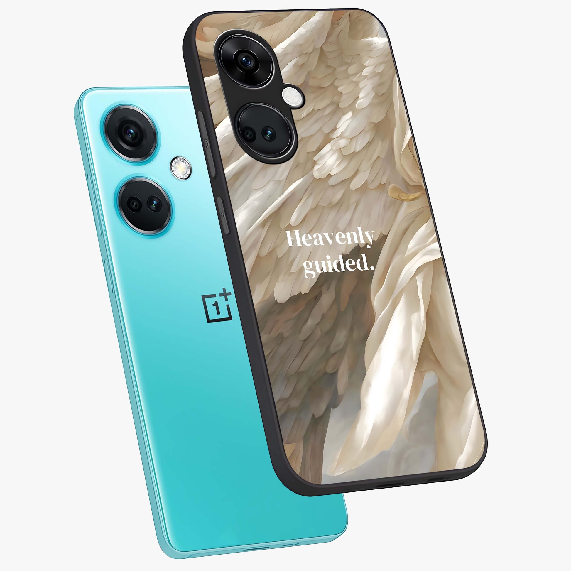 Divine Winged Grace Glass Case for 1+Nord CE 3 angled mockup showcasing glossy finish and elegant design tones
