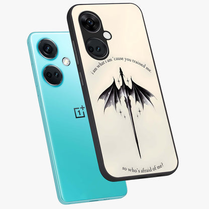 Dragon Quote Art Glass Case for 1+Nord Ce 3 angled mockup showcasing glossy finish and powerful fantasy detailing