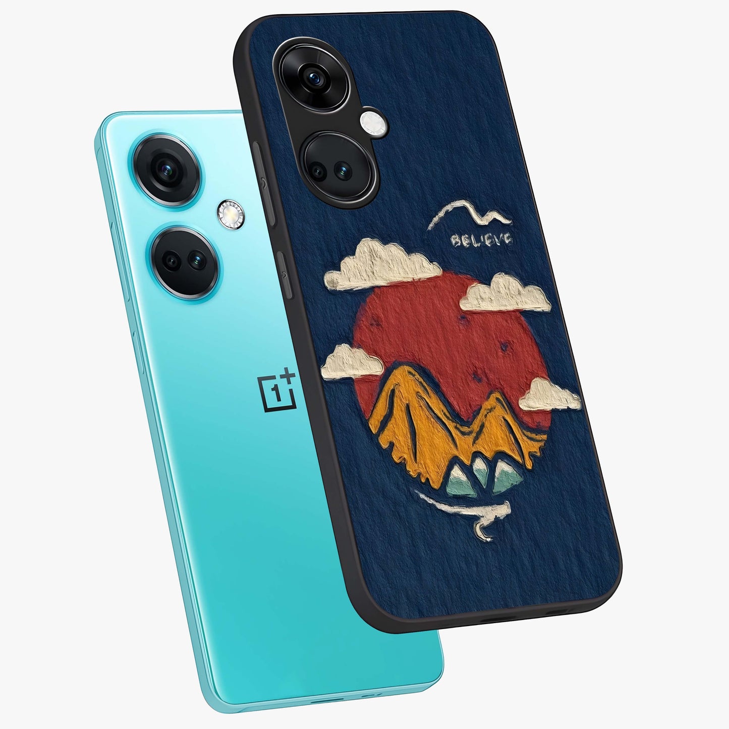 Dream Beyond Mountains Glass Case for 1+Nord CE 3 angled mockup showcasing glossy finish and calming gradient tones
