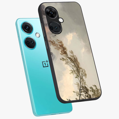 Dreamlike Wind Field Glass Case for 1+Nord CE 3 angled mockup showcasing glossy glass finish and dreamy landscape detailing