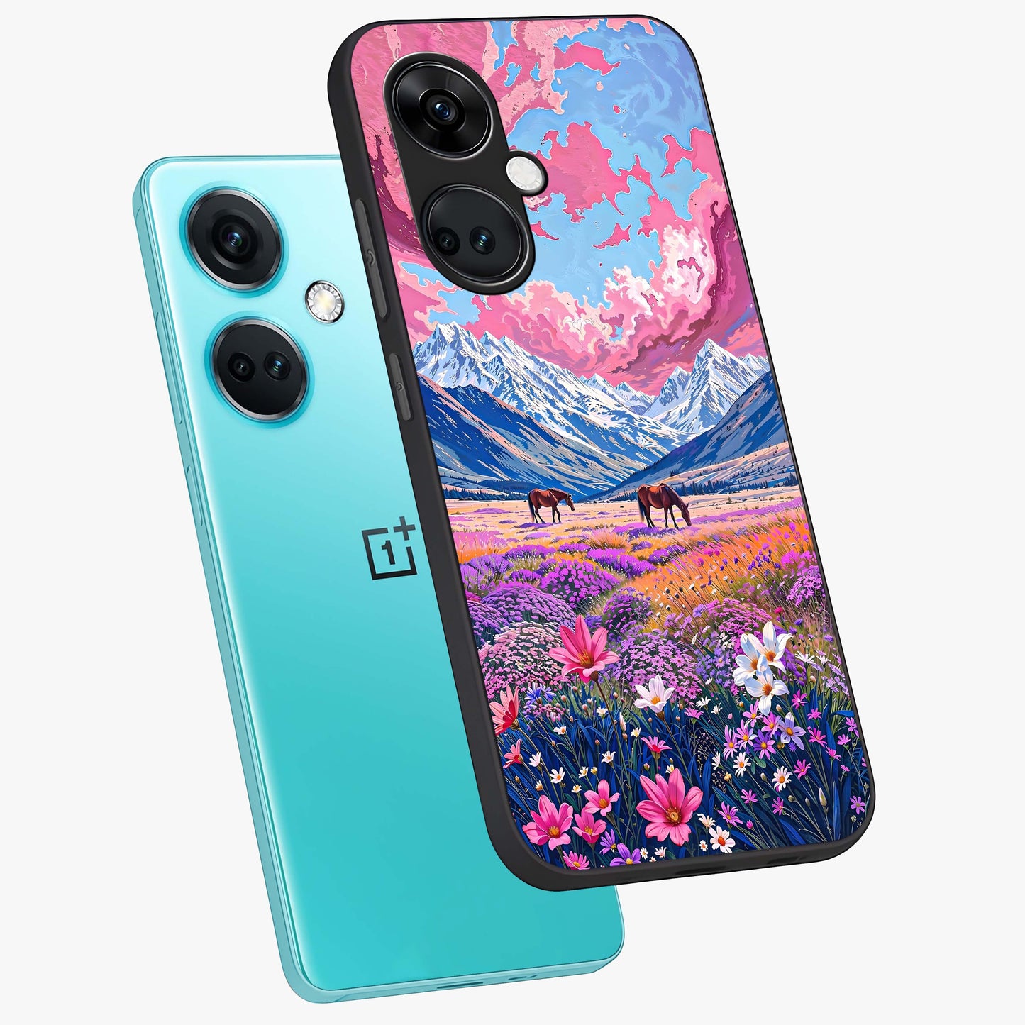 Dreamy Floral Pastures Glass Case for 1+Nord Ce 3 angled mockup showcasing glossy finish and gentle bloom textures