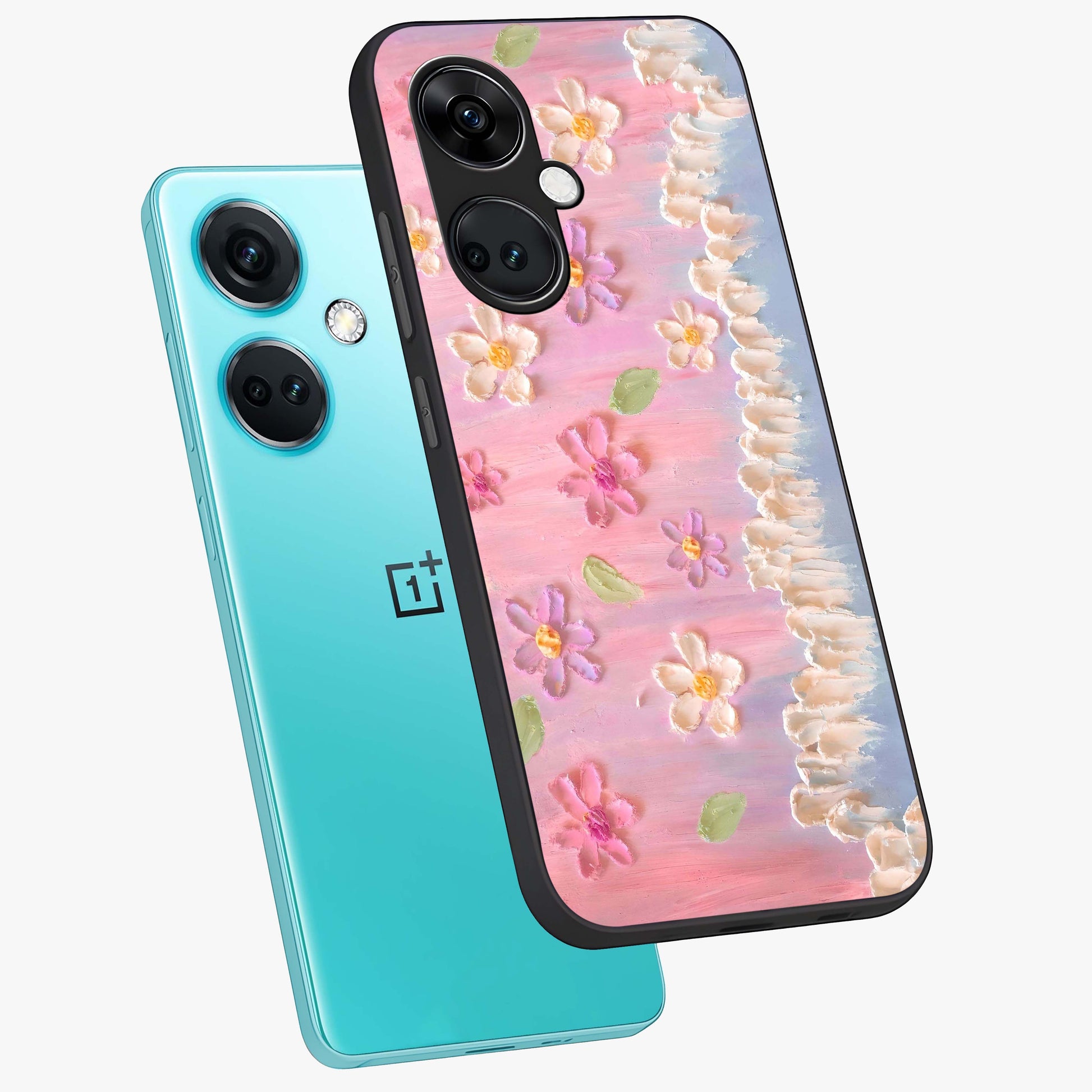 Dreamy Painted Garden Glass Case for 1+Nord CE 3 angled mockup showcasing glossy finish and vibrant brushstroke textures