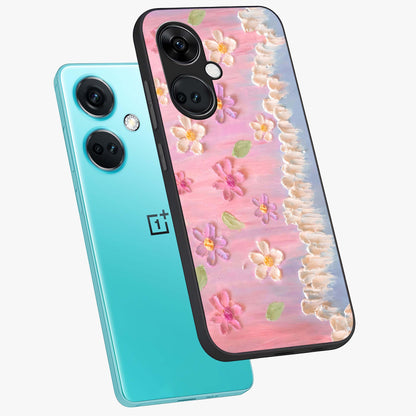 Dreamy Painted Garden Glass Case for 1+Nord CE 3 angled mockup showcasing glossy finish and vibrant brushstroke textures
