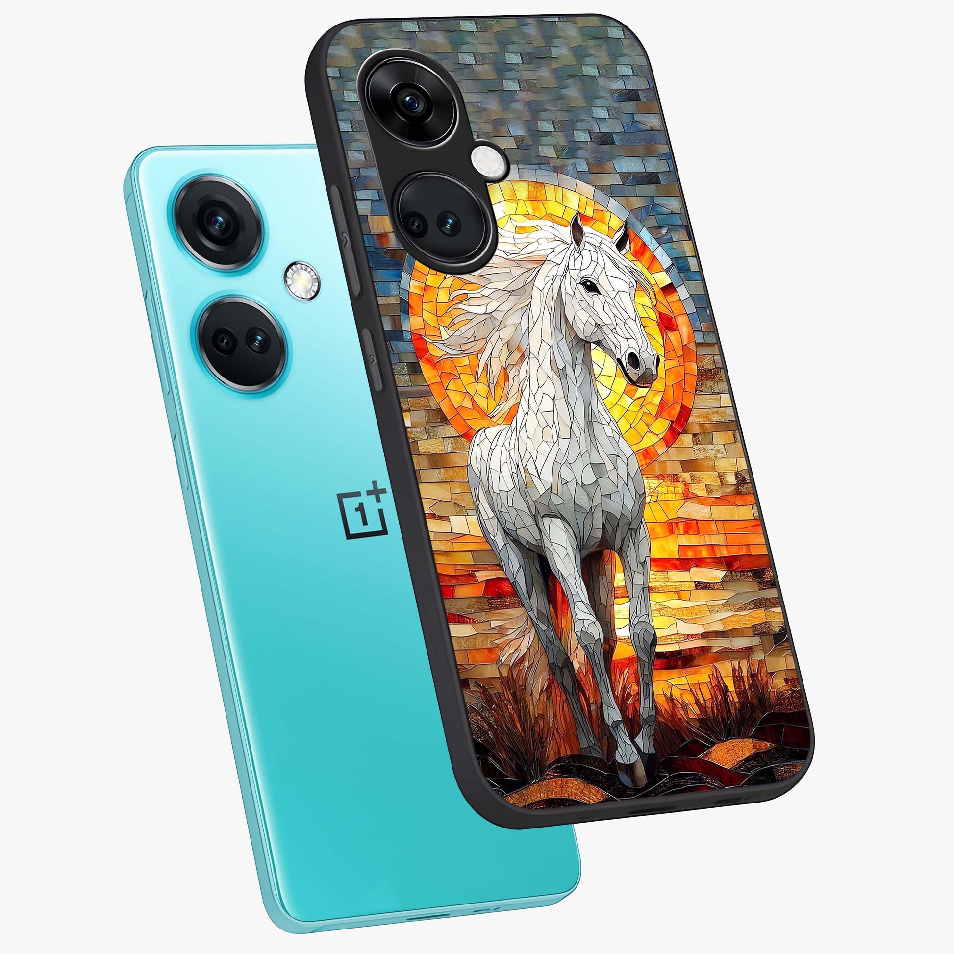 Elected Horse Glass Case for 1+Nord Ce 3 angled mockup showcasing glossy finish and dynamic equestrian detailing