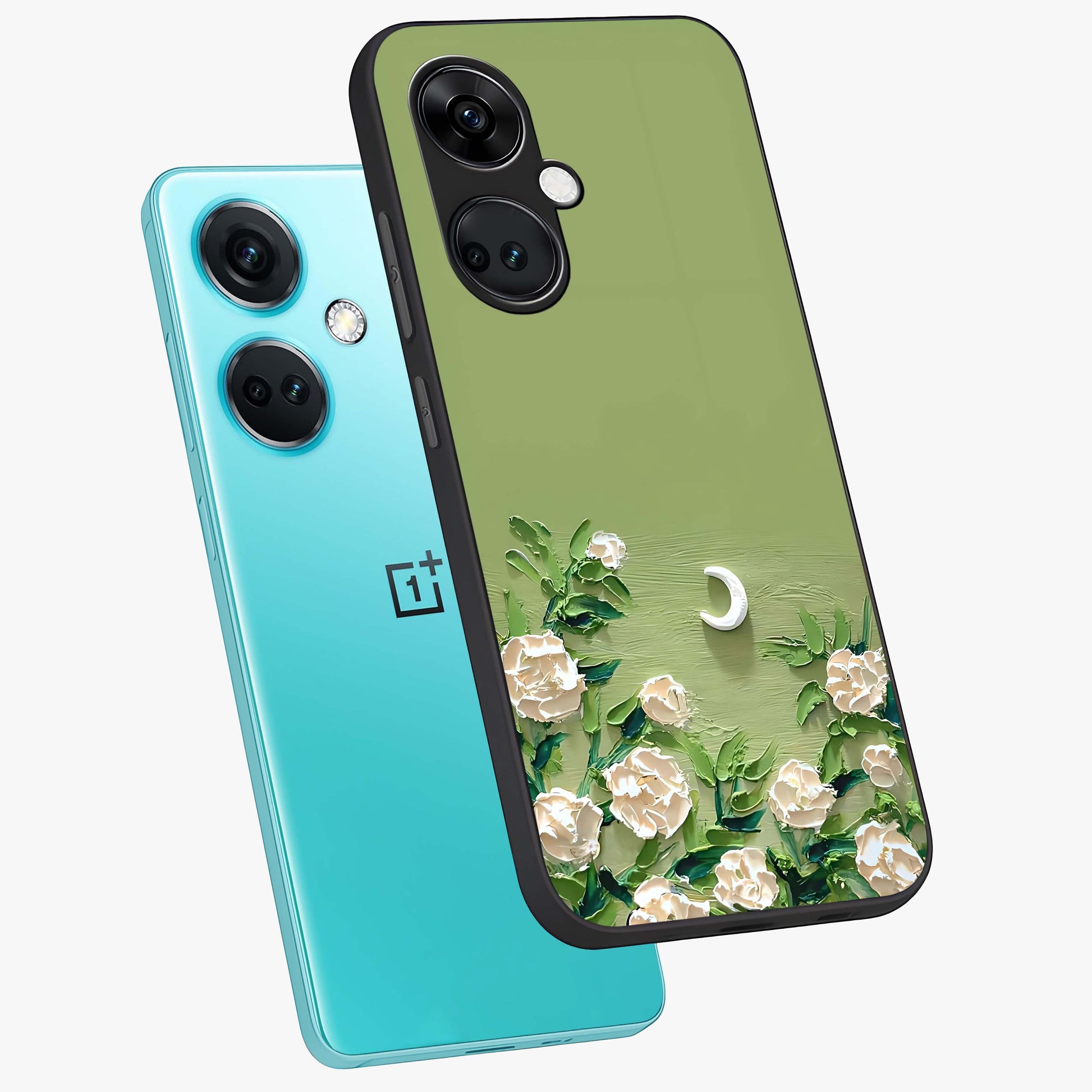 Emerald Bloom Calm Glass Case for 1+Nord CE 3 angled mockup showcasing glossy finish and rich green tones