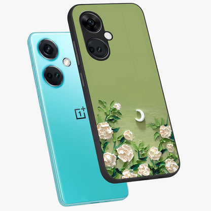 Emerald Bloom Calm Glass Case for 1+Nord CE 3 angled mockup showcasing glossy finish and rich green tones