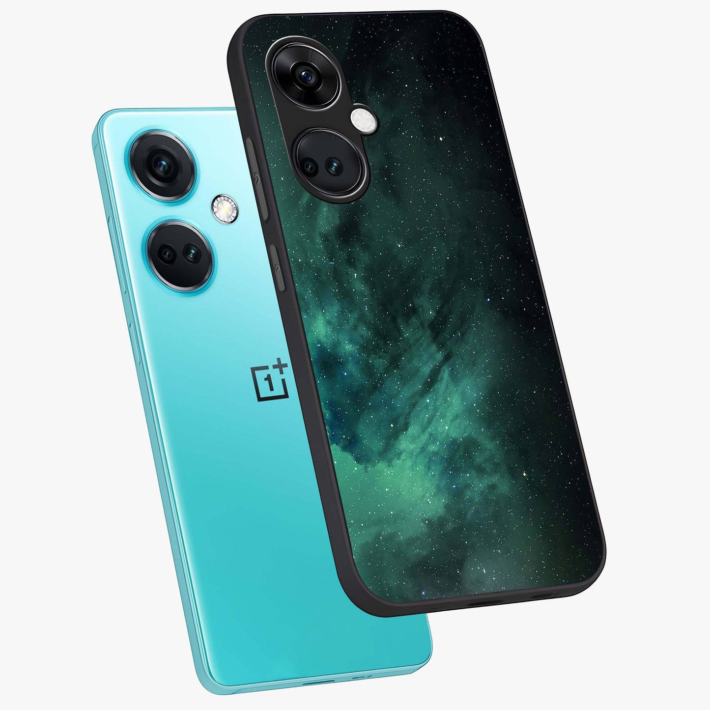 Emerald Green Space Glass Case for 1+Nord CE 3 angled mockup showcasing glossy finish and bold emerald gradients