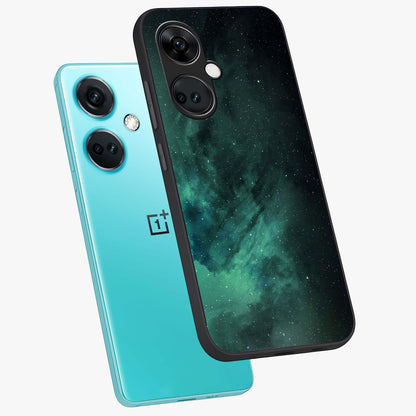 Emerald Green Space Glass Case for 1+Nord CE 3 angled mockup showcasing glossy finish and bold emerald gradients