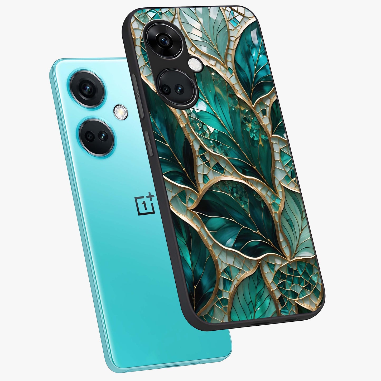 Emerald Leaf Glass Case for 1+Nord CE 3 angled mockup showcasing glossy finish and natural botanical tones