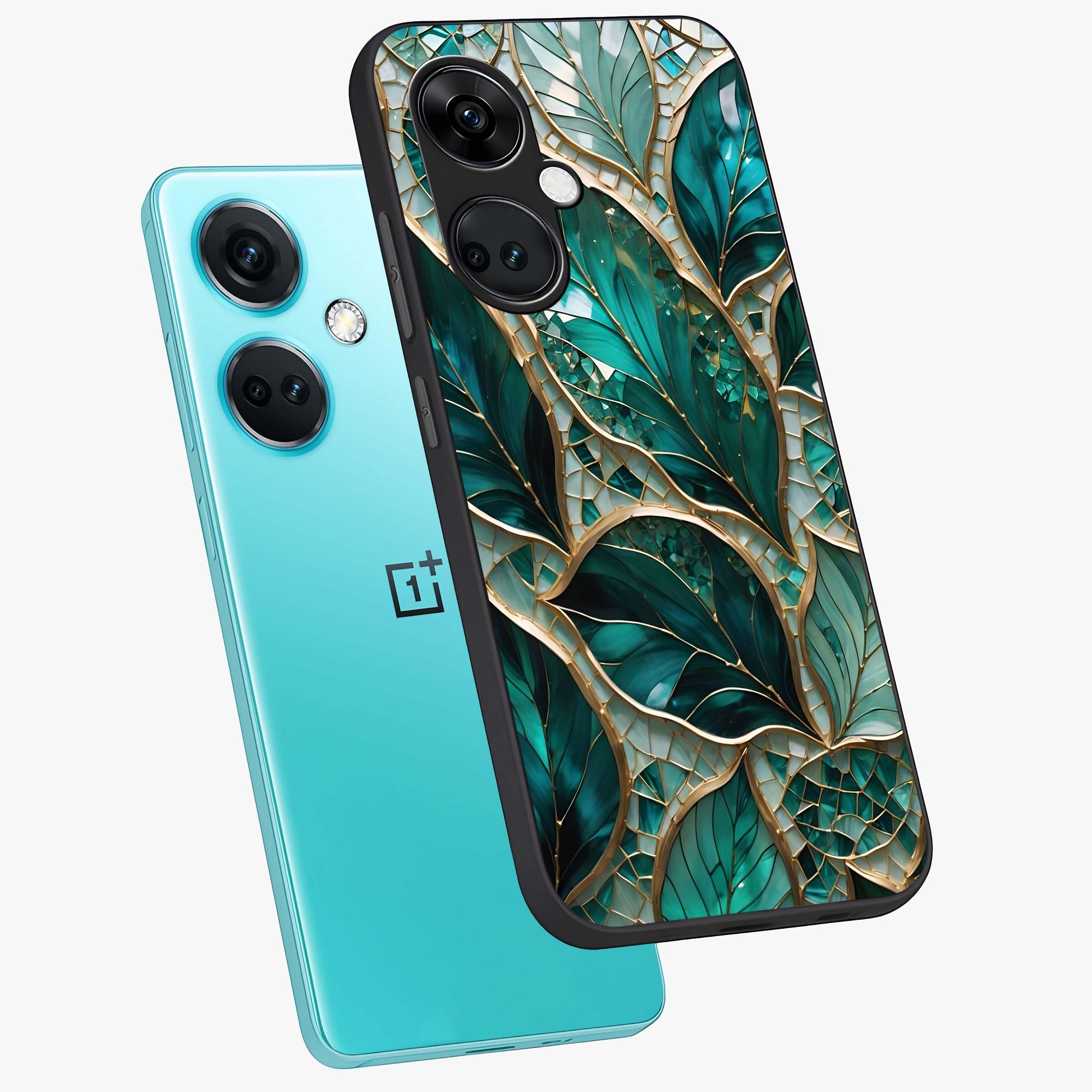 Emerald Leaf Glass Case for 1+Nord CE 3 angled mockup showcasing glossy finish and natural botanical tones