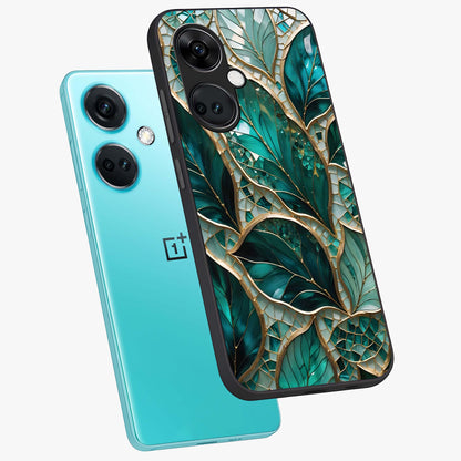 Emerald Leaf Glass Case for 1+Nord CE 3 angled mockup showcasing glossy finish and natural botanical tones
