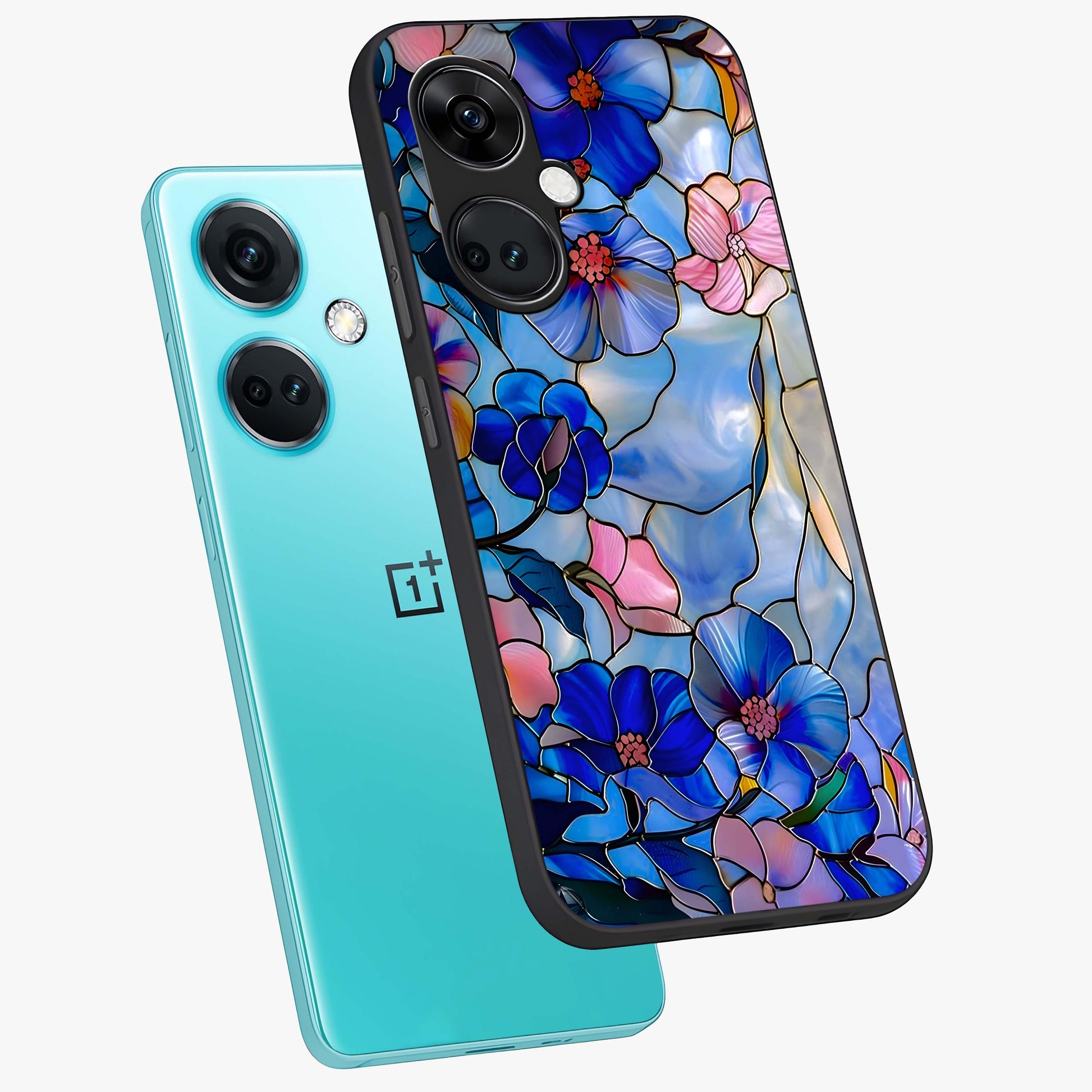 Eternal Floral Stained Glass Case for 1+Nord CE 3 angled mockup showcasing glossy finish and vibrant mosaic textures