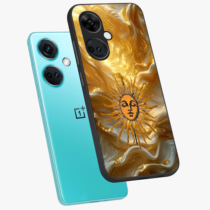 Eternal Golden Glow Glass Case for 1+Nord Ce 3 angled mockup showcasing glossy glass finish and luminous gold tones