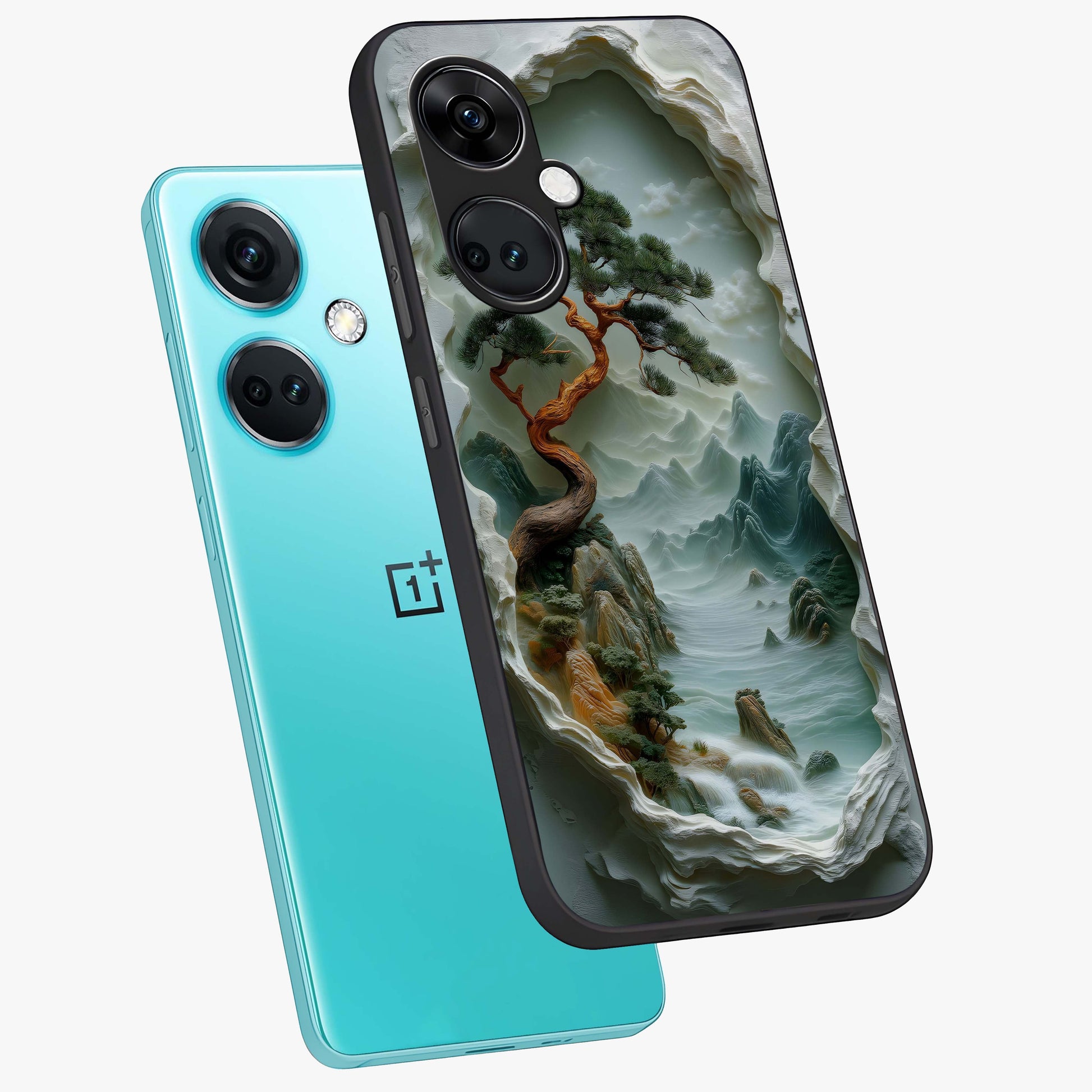 Eternal Nature Spirit Glass Case for 1+Nord Ce 3 angled mockup showcasing glossy finish and calming botanical tones