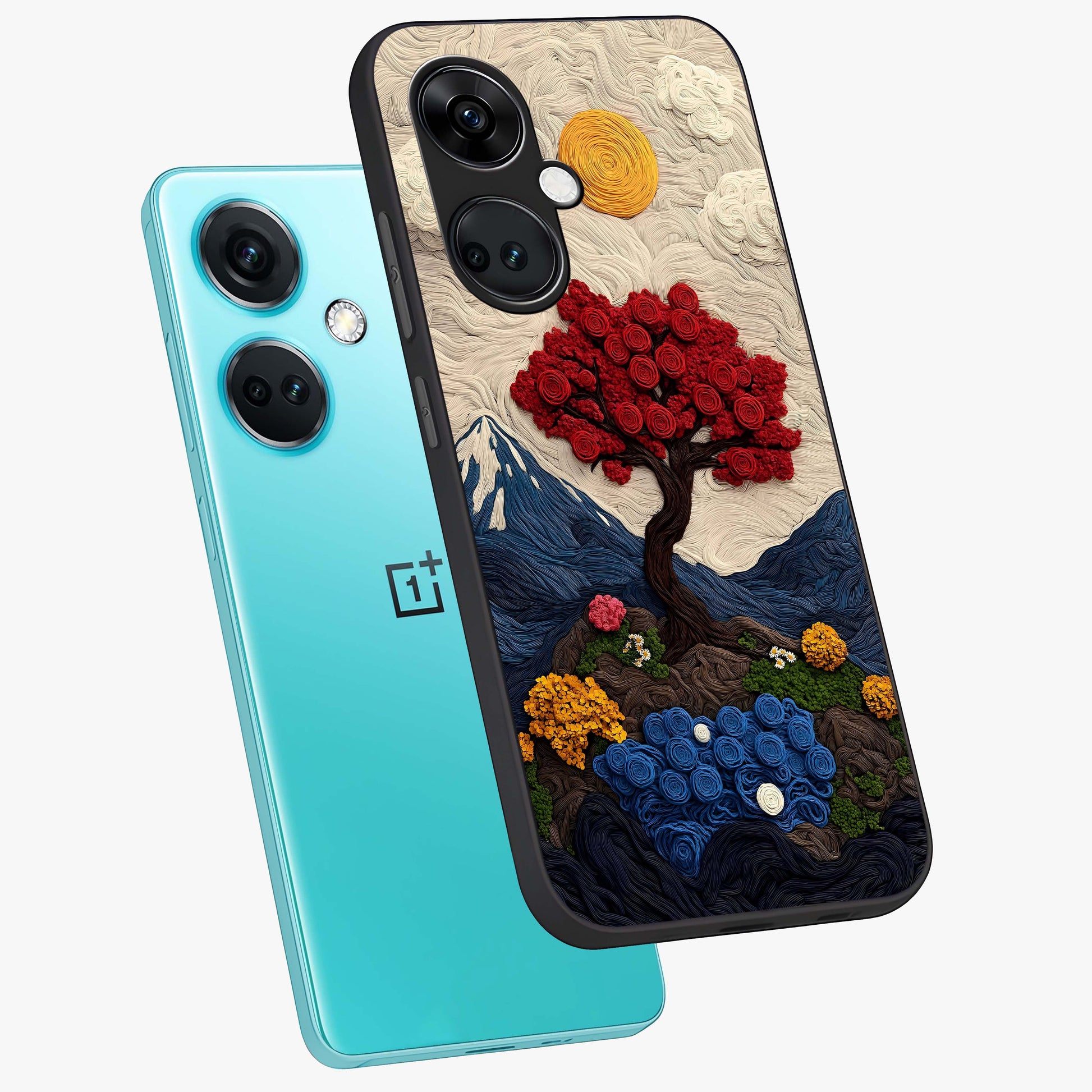Eternal Nature Tapestry Glass Case for 1+Nord CE 3 angled mockup showcasing glossy finish and detailed botanical patterns