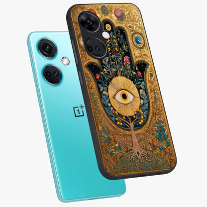 Ethereal Evil Eye Glass Case for 1+Nord Ce 3 angled mockup showcasing glossy finish and celestial blue tones