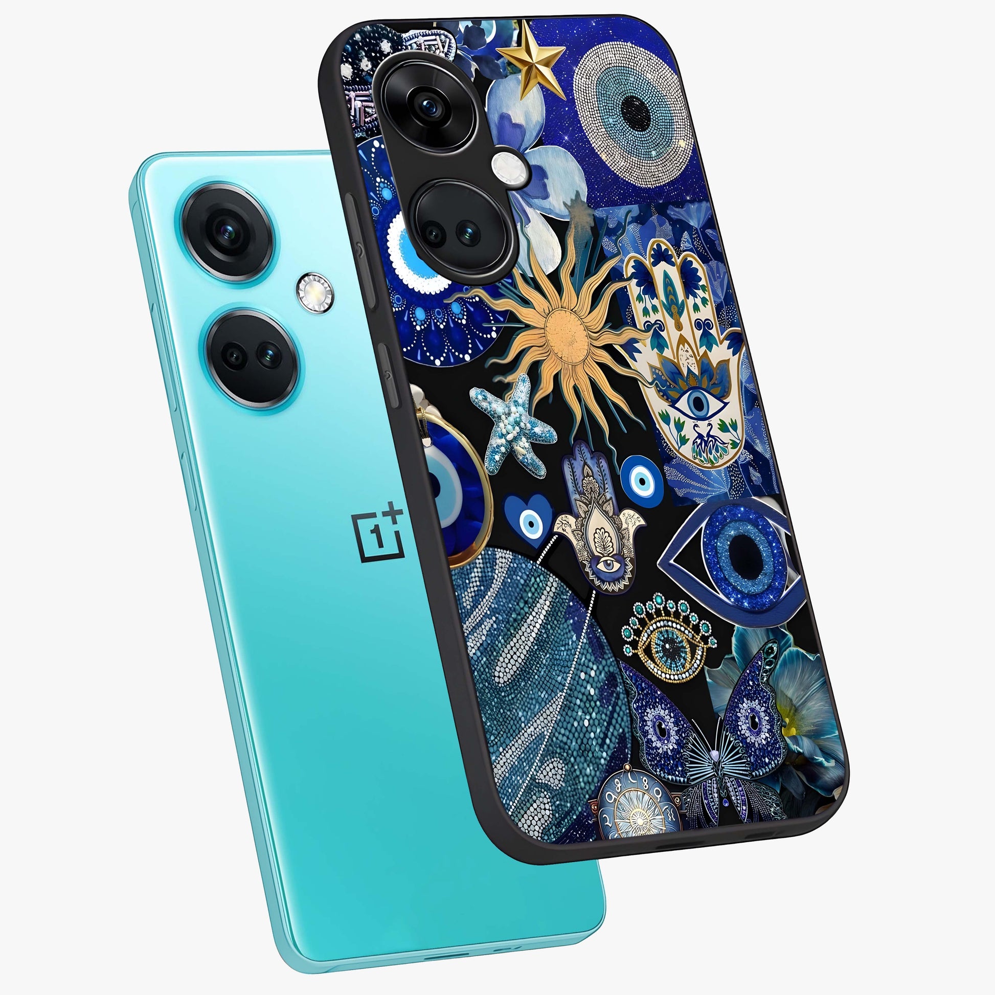 Evil Eye Charm Mix Glass Case for 1+Nord Ce 3 angled mockup showcasing glossy finish and bold blue tones