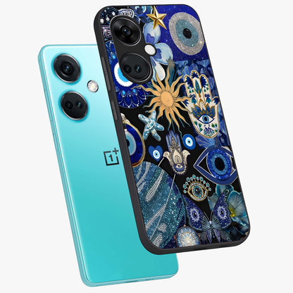 Evil Eye Charm Mix Glass Case for 1+Nord Ce 3 angled mockup showcasing glossy finish and bold blue tones