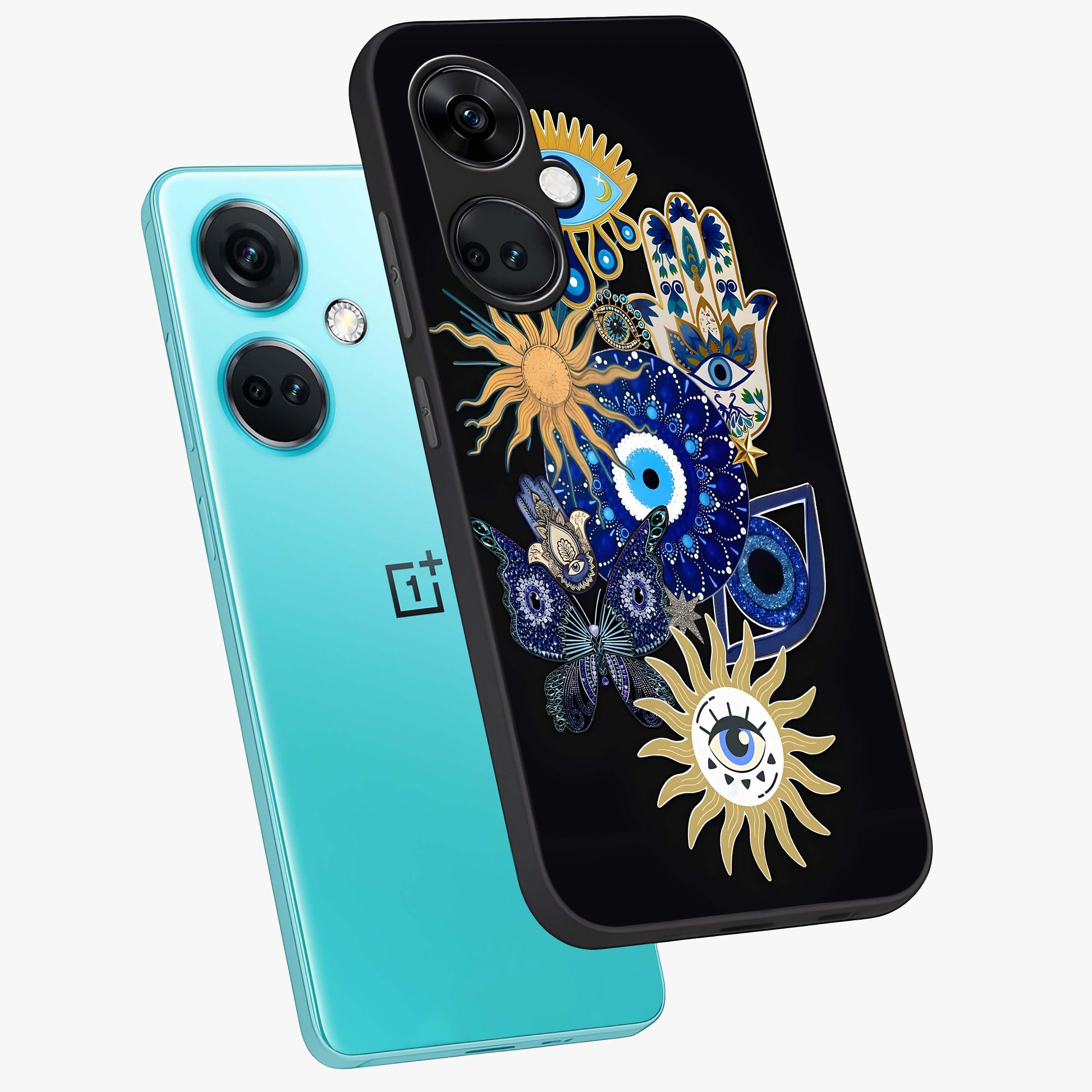 Evil Eye Charm Vibes Glass Case for 1+Nord Ce 3 angled mockup showcasing glossy finish and protective symbol detailing