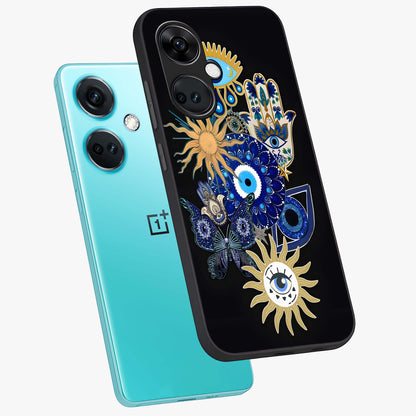 Evil Eye Charm Vibes Glass Case for 1+Nord Ce 3 angled mockup showcasing glossy finish and protective symbol detailing